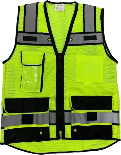 Miniatura 3 de (B Chaleco de seguridad para ingeniero, seguridad reflectante de alta visibilidad, chaleco de malla con cremallera y bolsillos Amarillo