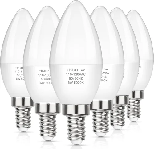 MAXvolador E12 bombillas LED de candelabro, equivalente a 60W, luz blanca de día 5000K 600 lúmenes, base de vela B11 de 6W, no regulable, paquete de
