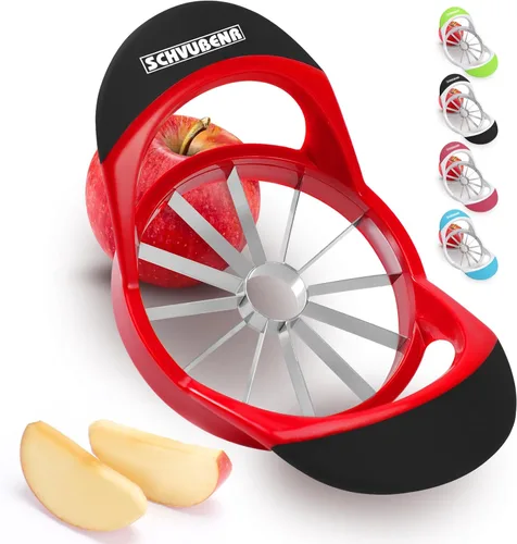 SCHVUBENR Cortador de manzana grande de 4.72 pulgadas con 12 cuchillas, cortador profesional de manzana, descorazonador de manzana de acero Rojo