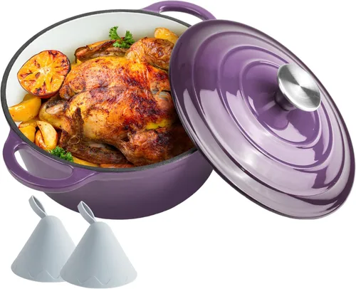 Miniatura 22 de Horno holandés de hierro fundido esmaltado de 6 cuartos de galón con tapa, asas dobles grandes, apto para horno hasta 500 °F, olla redonda clásica