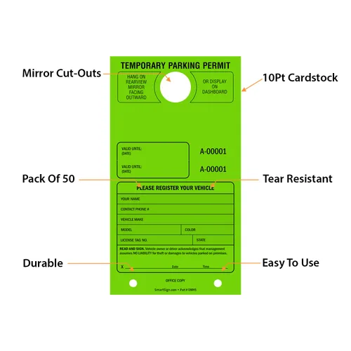 Miniatura 5 de SmartSign Etiqueta colgante de espejo "Permiso de estacionamiento temporal" Paquete de 50 Verde fluorescente Cartulina de 7.75 x 4.25 pulgadas
