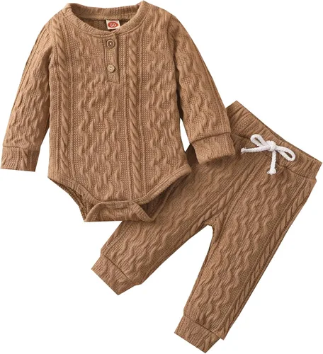 Ropa de punto acanalado de algodón para bebés, niñas y niños, recién nacidos enterizo de manga larga, pantalones largos unicolor, atuendos de otoño