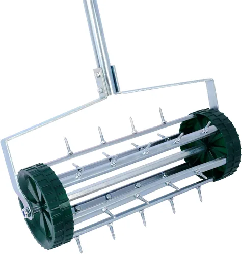 Miniatura 4 de Aireador manual de césped de 17.5 pulgadas, herramienta de aireador de césped rodante resistente con 39 picos de hierro y mango de acero inoxidable