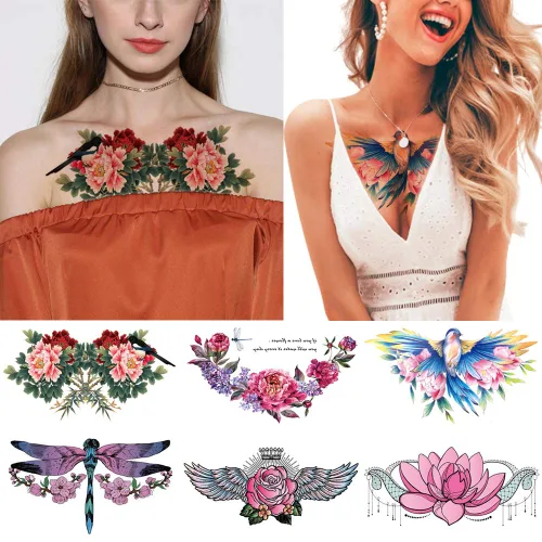 Miniatura 9 de GLARYYEARS Tatuajes temporales para debajo del busto y pecho para mujeres y niñas, paquete de 6, tatuajes falsos negros, realistas, grandes