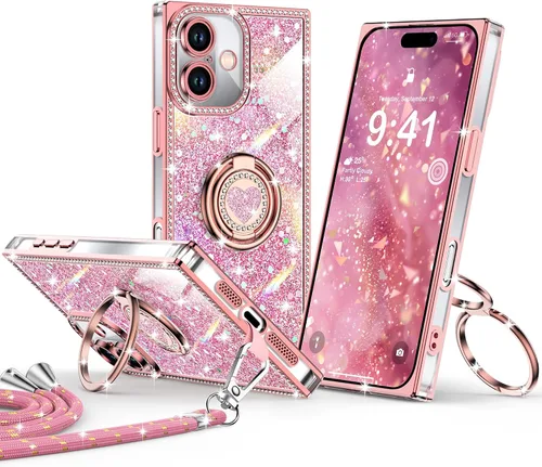 Miniatura 37 de XYZ Funda para iPhone 13, con purpurina brillante con soporte de corazón de 2 anillos y cordón, funda protectora a prueba de golpes con diamantes