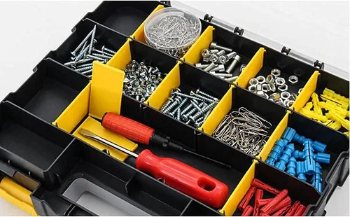 Miniatura 6 de Caja organizadora de herramientas, caja de almacenamiento de piezas pequeñas, 34 compartimentos, organizadores de hardware de doble cara con Amarillo