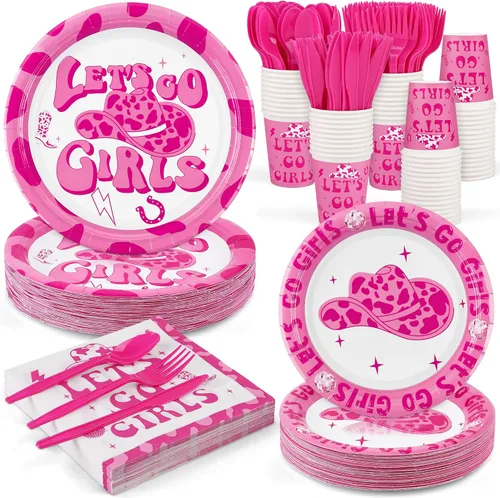 Miniatura 13 de Durony 350 piezas juego de vajilla de fiesta rosa con estampado de vaca que incluye platos, tazas, servilletas, cuchillos, tenedores, cucharas