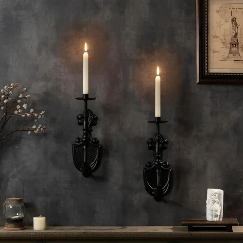 Miniatura 5 de Portavelas de Pared Gótico para Velas Cónicas (Juego de 2) Diseño de Corona y Cetro de Hierro Negro Decoración de Pared Victoriana para Sala