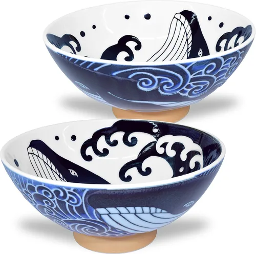 Miniatura 11 de Mino Ware - Tazón de arroz japonés, sopa de fideos de ramen de arroz, pasta Sarada, Chawn de ballena ondulada, 4.6 pulgadas, 10 onzas, juego de 2