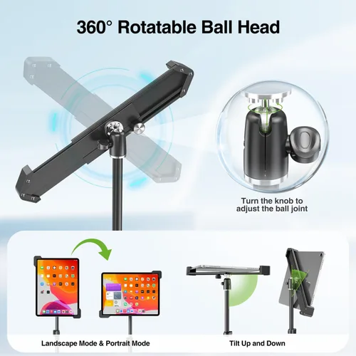 Miniatura 5 de elitehood Soporte de aluminio para iPad con soporte diagonal para tableta, trípode para iPad de 65 pulgadas de altura ajustable, trípode giratorio