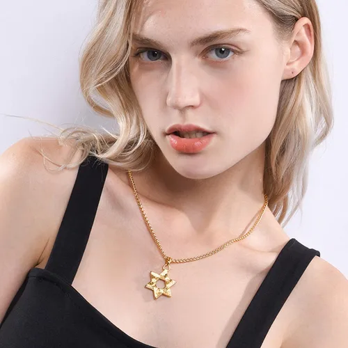 Miniatura 91 de U7 - Collar con Estrella de David para hombres y mujeres, dije hexagonal de acero inoxidable con cruz/piedra de rubí/collares clásicos judíos