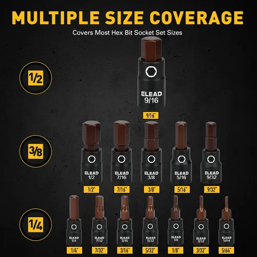 Miniatura 2 de Juego de 16 piezas de enchufe de impacto de broca hexagonal SAE - Juego de enchufe Allen de acero S2 premium de 5/64"-9/16" con adaptadores