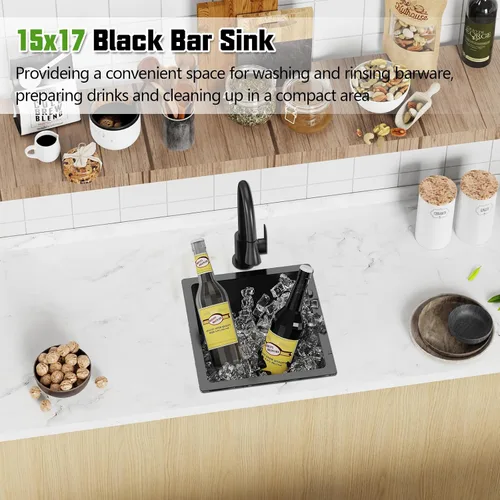 Miniatura 3 de Fregadero de cocina y bar negro de 15 x 17 pulgadas, fregadero de acero inoxidable con rejilla SS, alfombrilla de silicona, colador, colador