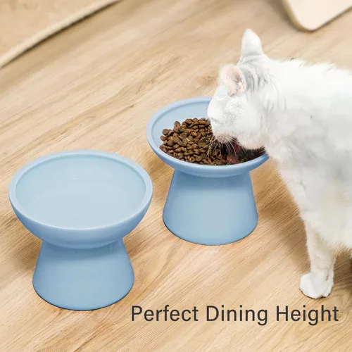 Miniatura 7 de CEEFU 2 tazones elevados de cerámica para gatos extra anchos para alimentos y agua – Tazón poco profundo para fatiga de bigotes, sin plomo ni Azul