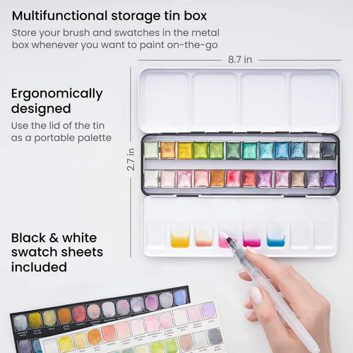 Miniatura 4 de ARTEZA Juego de Pintura de Acuarela Metálica de 24 Colores, Acuarelas Brillantes en Medias Pastillas con Pincel de Agua y Caja de Hojalata, Pinturas