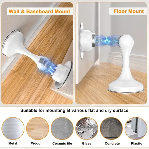 Miniatura 4 de Crosize Topes magnéticos para puerta, paquete de 1 unidad, topes de puerta de acero inoxidable para montaje en pared y piso, soporte de puerta Blanco