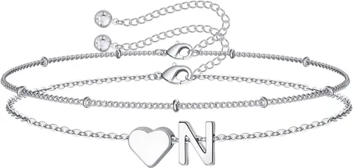 Miniatura 20 de M MOOHAM Pulseras de oro con inicial de corazón para mujer, pulseras con dije de letra A-Z de corazón dorado en capas para mujer, pulseras