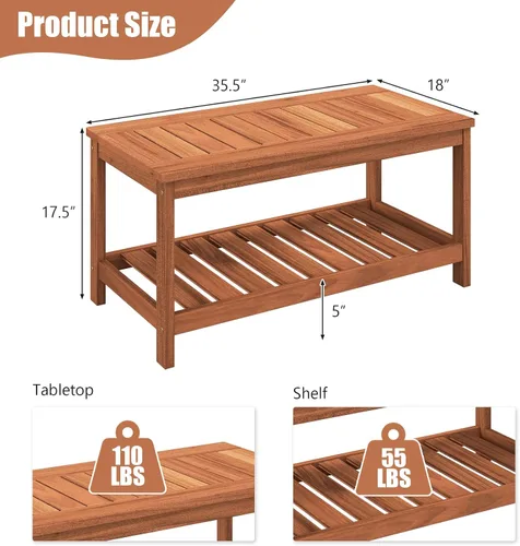 Miniatura 3 de Tangkula Mesa de centro de madera para exteriores, mesa de centro de patio de 2 niveles con mesa de madera dura de listones y estante