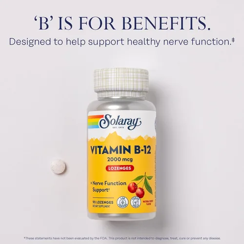 Miniatura 3 de SOLARAY Pastillas de vitamina B12 de 2000 mcg, sin azúcar, sabor a cereza natural, vitamina B 12 suplemento para la función nerviosa, energía