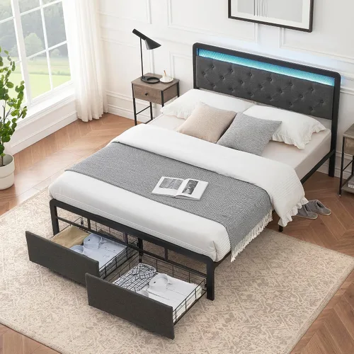 Miniatura 9 de Base de cama Queen con 2 cajones de almacenamiento, cabecera capitonada con botones y luces LED, cama de plataforma tapizada con almacenamiento