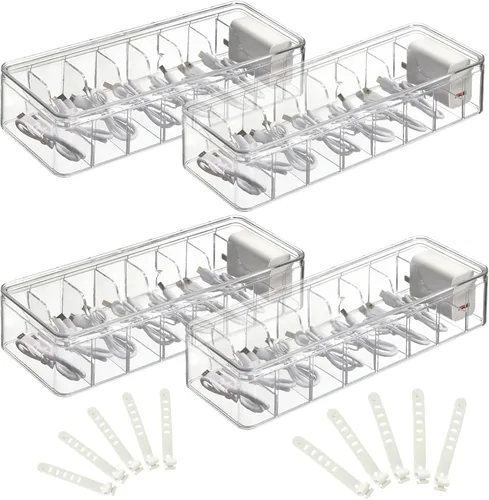 YAYODS Paquete de 4 cajas organizadoras de cables con tapa, caja organizadora de cables transparente con 40 bridas de alambre, organizador de