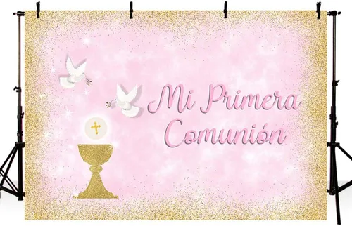 Miniatura 2 de MEHOFOND Telón de fondo de bautismo para niño de 8 x 6 pies, pancarta de bautizo con purpurina dorada para cáliz, palomas de cáliz azul sagrado