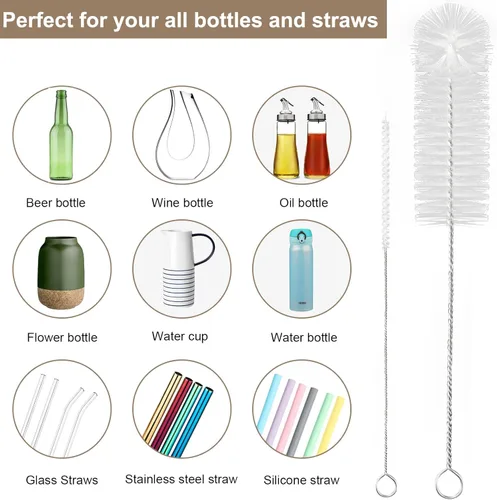 Miniatura 4 de Yolaist 8 limpiadores de botellas y pajitas, cepillo largo de nailon profundo con asas flexibles de acero inoxidable flexible para botellas