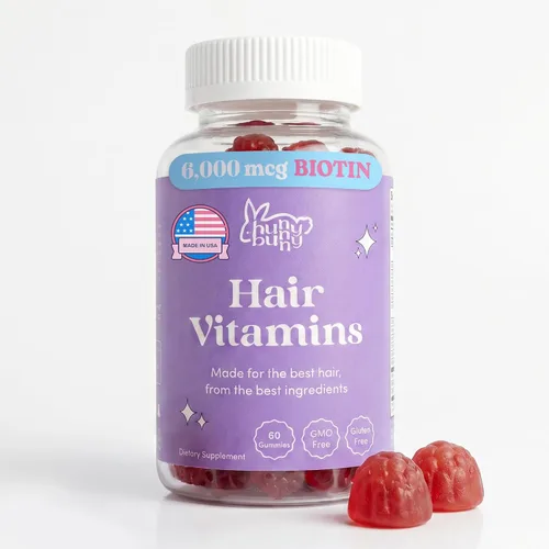 Hunny Bunny Gomitas de vitaminas para el cabello, la piel y las uñas, para mujeres y hombres, biotina con ácido fólico, B12, colágeno, zinc, sin