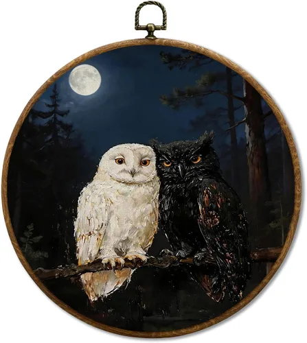 Miniatura 11 de JUIOEIU Decoración de pared redonda de búho de hongo con núcleo de cabaña, impresiones en lienzo enmarcadas con diseño de búho lluvioso oscuro