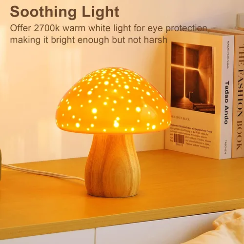 Miniatura 5 de BOHON Lámpara de Hongo, Lámpara de Mesa de Cerámica para Mesita de Noche del Dormitorio, Luz Nocturna Naranja Vintage Retro, Lámpara Estética