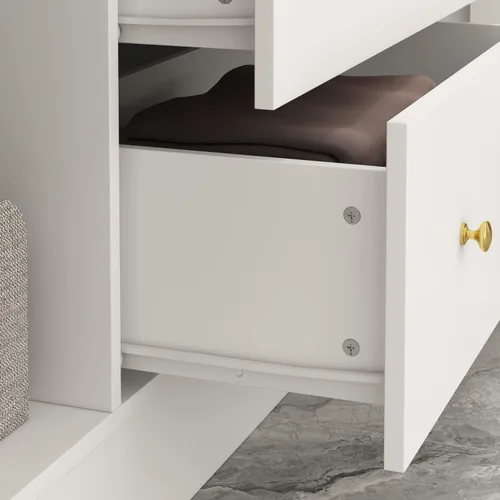 Miniatura 7 de ECACAD Armario con espejo, estantes de 5 niveles, 2 cajones, 2 varillas para colgar y 4 puertas, armario de almacenamiento de madera para Blanco