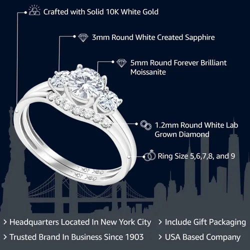Miniatura 2 de Gem Stone King Juego de anillos de compromiso nupcial de 3 piedras de oro blanco de moissanita de oro blanco de 10 quilates con zafiro creado