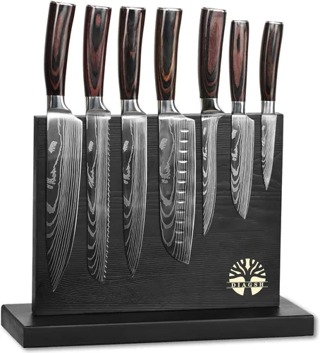 Juego de 7 cuchillos de cocina con bloque magnético - Acero inoxidable de alto carbono, forjado a mano, apto para lavavajillas - Juego de cuchillos