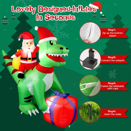 Miniatura 4 de Dinosaurio inflable de Navidad de 5 pies con Papá Noel, luces LED, decoración de patio para interiores y exteriores, T-Rex verde con caja de regalo