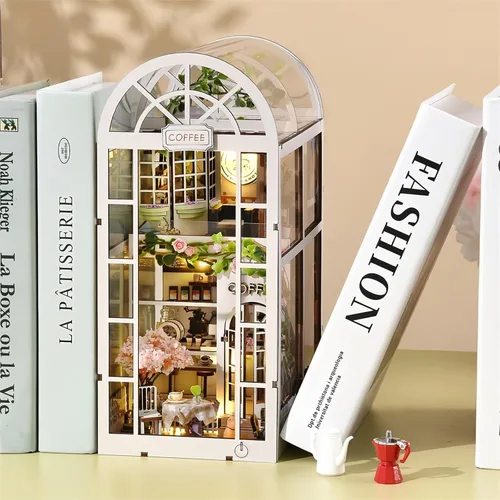 Miniatura 6 de Green House - Kit de rincón de libro - Rompecabezas de madera 3D en miniatura de jardín de café, decoración de estantería para adultos