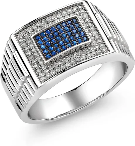 Gem Stone King Anillo de plata de ley 925 con moissanita blanca y zafiro azul para hombre (0,76 qt, piedra preciosa, redondo, disponible en tallas