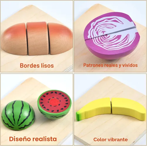 Miniatura 5 de WHOHOLL Juego de 43 piezas de comida de madera para niños, accesorios de cocina con canasta, juguetes de comida de corte de simulación para niños