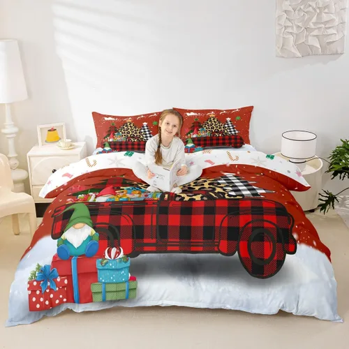 Miniatura 18 de Juego de funda de edredón para niños con diseño de Navidad, tamaño individual, camiones rojos y árboles de pino con copos de nieve, decoración