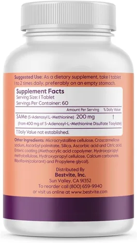 Miniatura 2 de BESTVITE SAM-e 200 mg (60 tabletas) (1 paquete) Ingrediente Premium de Italia.