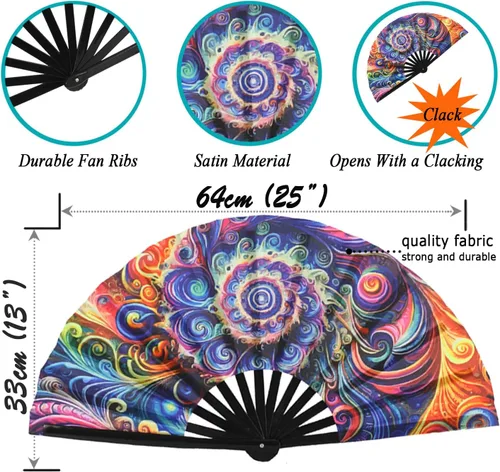 Miniatura 32 de HeyToo Ventilador de mano grande para mujeres/hombres, con brillo UV, para Drag Queen, cosplay, EDM, club, fiesta, música, festival, baile, Cuadrado