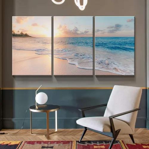 Miniatura 2 de Denozer - Lienzo decorativo de 3 paneles para decoración del hogar, mar azul, puesta de sol y playa, pintura blanca, impresión sobre lienzo, paisaje