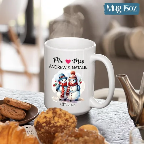 Miniatura 6 de Regalo personalizado de amor – Bonita taza de cerámica de muñeco de nieve para pareja – Taza de porcelana personalizada con nombres y año – Taza