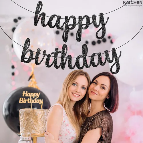 Miniatura 5 de KatchOn, Cartel de feliz cumpleaños negro cursivo con purpurina – pre-encordado, 10 pies Cartel de feliz cumpleaños Decoraciones de cumpleaños