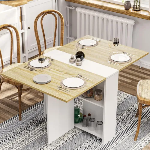 Mesa de comedor plegable Tiptiper con 6 ruedas, mesa de comedor de hojas abatibles con estantes de almacenamiento, mesa de cocina plegable para