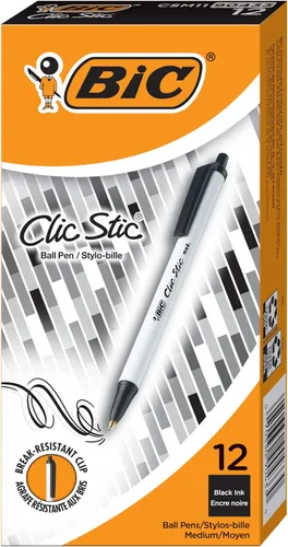 Bolígrafo retráctil Bic Clic Stic, de punta mediana (0.04 pulgadas), estuche de 12 unidades, Negro