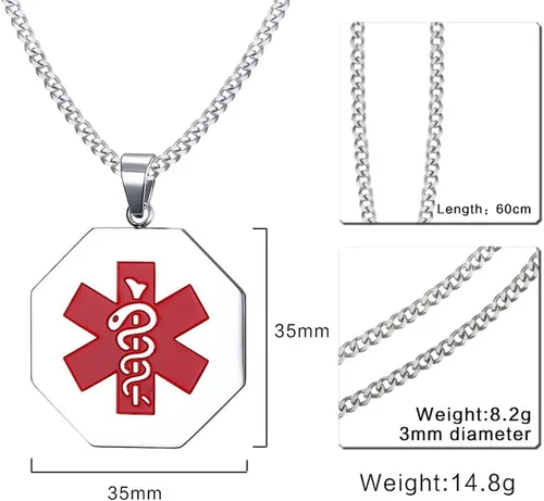 Miniatura 2 de VNOX Collar con colgante personalizado de acero inoxidable con grabado personalizado para identificación de alerta médica de emergencia para hombres