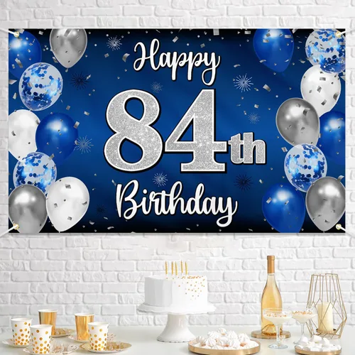 Miniatura 328 de Decoración de feliz cumpleaños 35, globo azul y plateado de 35 años, cartel grande de telón de fondo de cumpleaños, suministros para fiesta de 35th