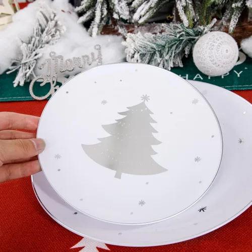 Miniatura 9 de WDF 50 platos de plástico plateados, platos de plástico de Navidad con árbol de Navidad, platos desechables blancos y plateados resistentes