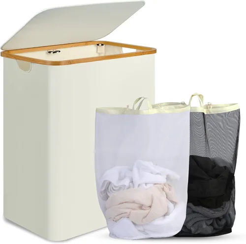 Miniatura 29 de efluky Cesta de lavandería con tapa y bolsa extraíble, cesta de lavandería de 100 litros de alto con asas de bambú, papelera estética para ropa Gris