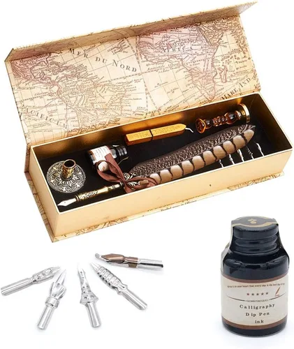 Miniatura 8 de Pluma antigua pluma único medio patrón pluma conjunto con 6 plumas, 1 botella de tinta, 1 sello sello 1 portalápices 1 cera de sellado LL-149